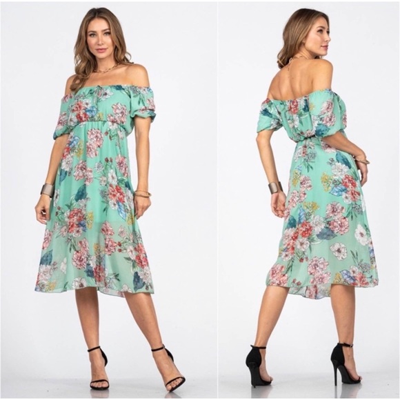 1 LEFT! Sage Mint Floral Off Shoulder Cute Spring Summer Midi Dress - Picture 3 of 3
